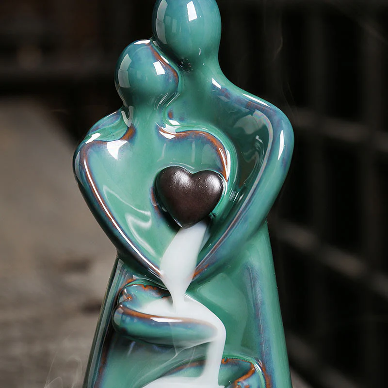 Buddha Stones Lovers Couple Embrace Love Ceramic Backflow Smoke Fountain Healing Incense Burner Decoration