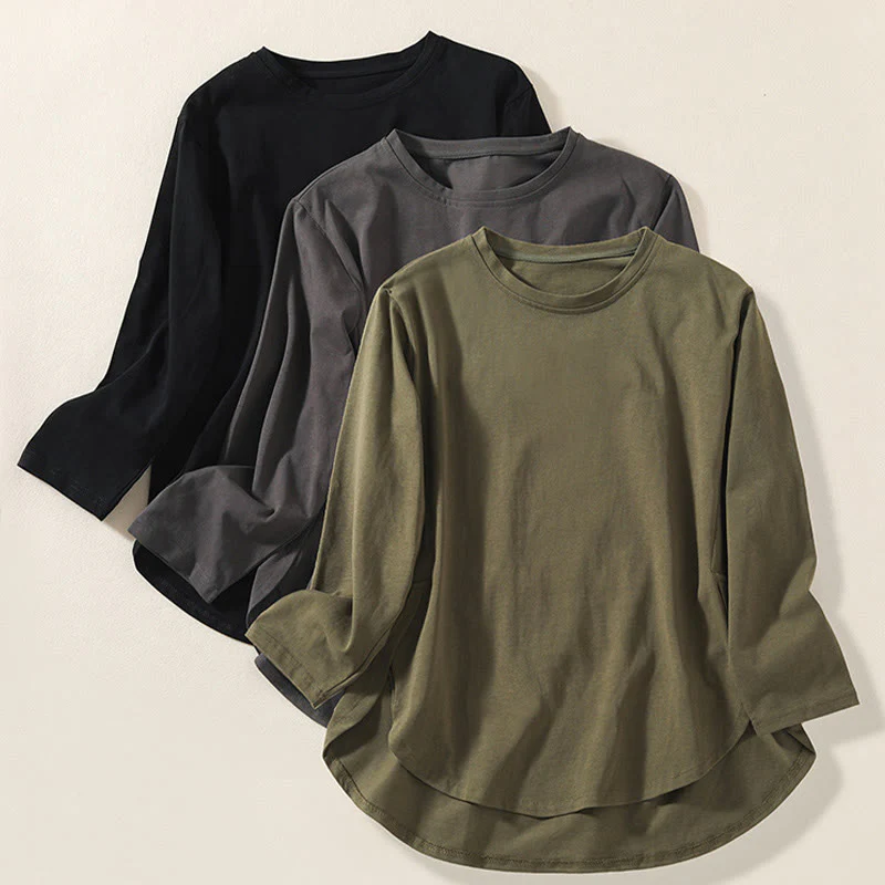 Buddha Stones Casual Pure Irregular Hem Cotton Linen Women's Long Sleeve T-shirt