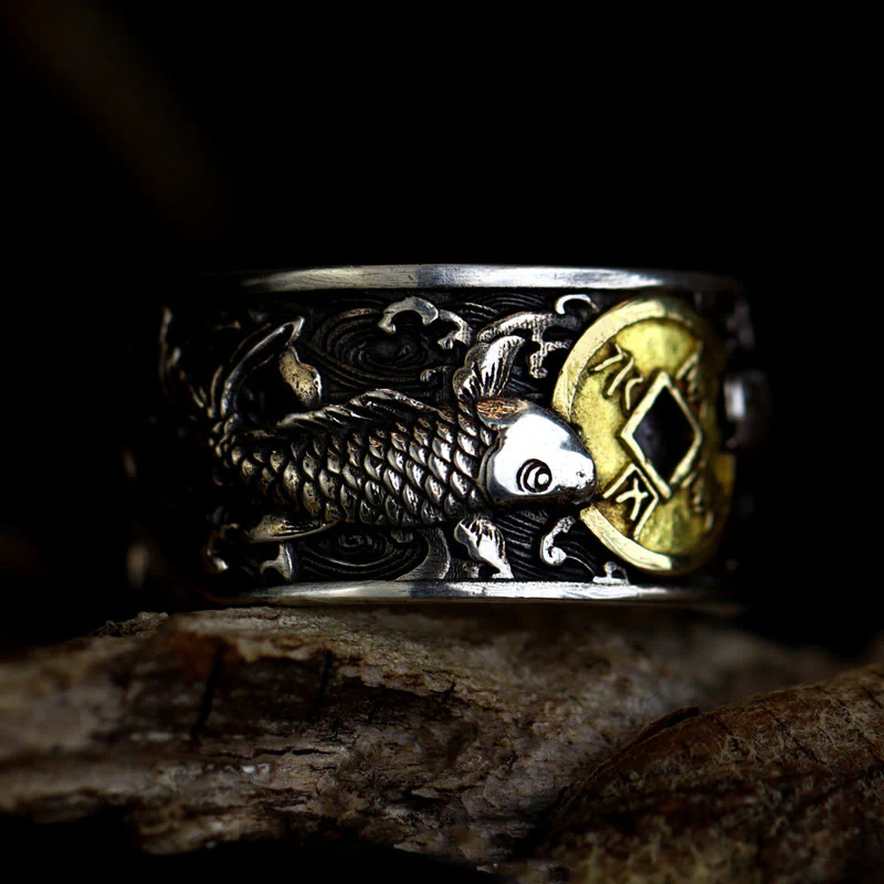 Buddha Stones Adjustable Opening 925 Sterling Silver Lucky Koi Fish Copper Coin Auspicious Clouds Wealth Ring