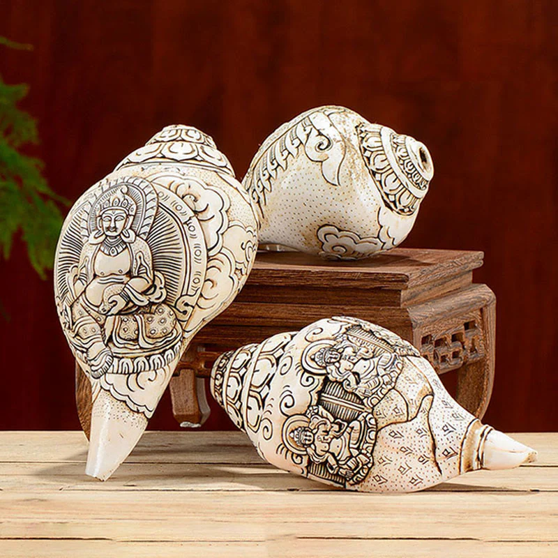 Buddha Stones Tibetan Handmade Engraved Shankha Buddha Avalokitesvara Conch Shell Wealth Decoration