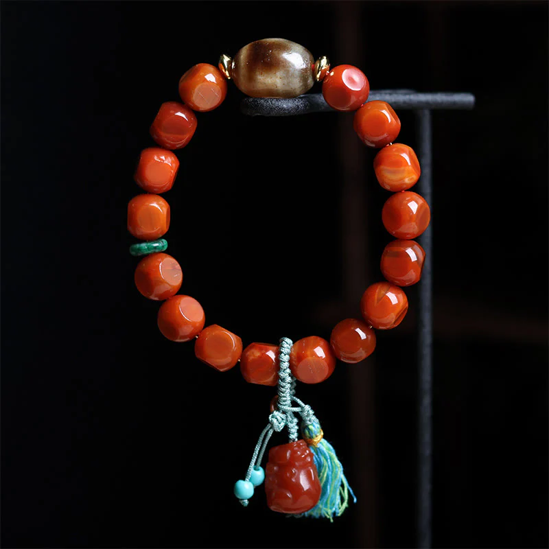 Buddha Stones Natural South Red Agate Pixiu Dzi Bead Fortune Luck Bracelet