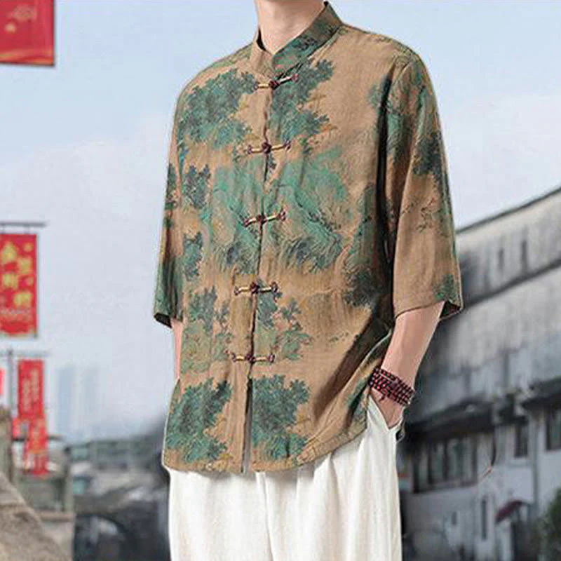 Buddha Stones Dragon Auspicious Clouds Green Mountains Chinese Frog-Button Men's Half Sleeve Cotton Linen Shirt