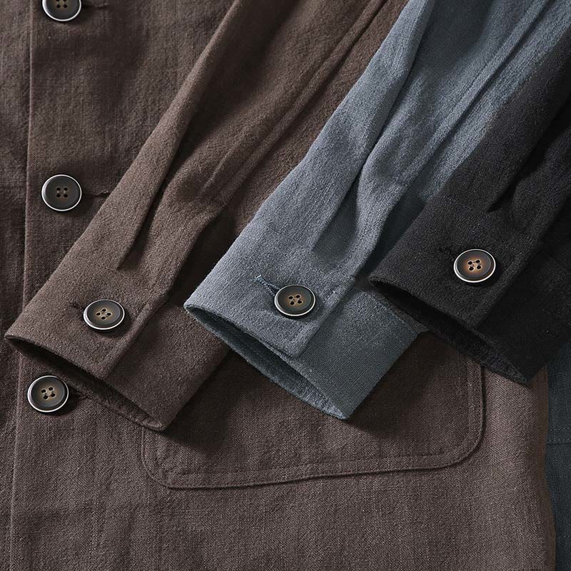 Buddha Stones Casual Plain Long Sleeve Button Lapel  Design Men's Ramie Linen Jacket With Pockets