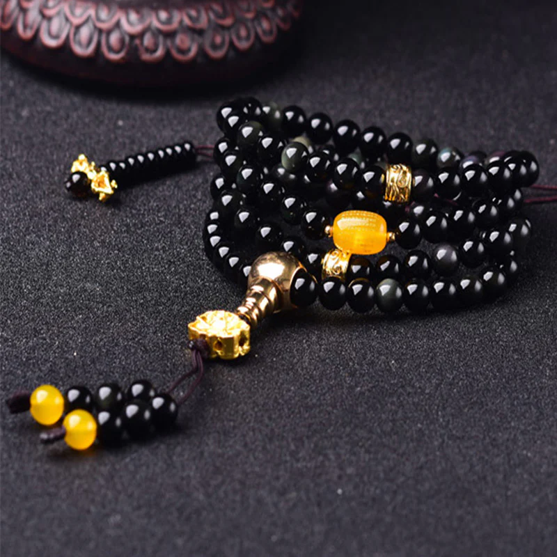 Buddha Stones 108 Beads Natural Black Obsidian Lotus Fulfilment Mala Bracelet