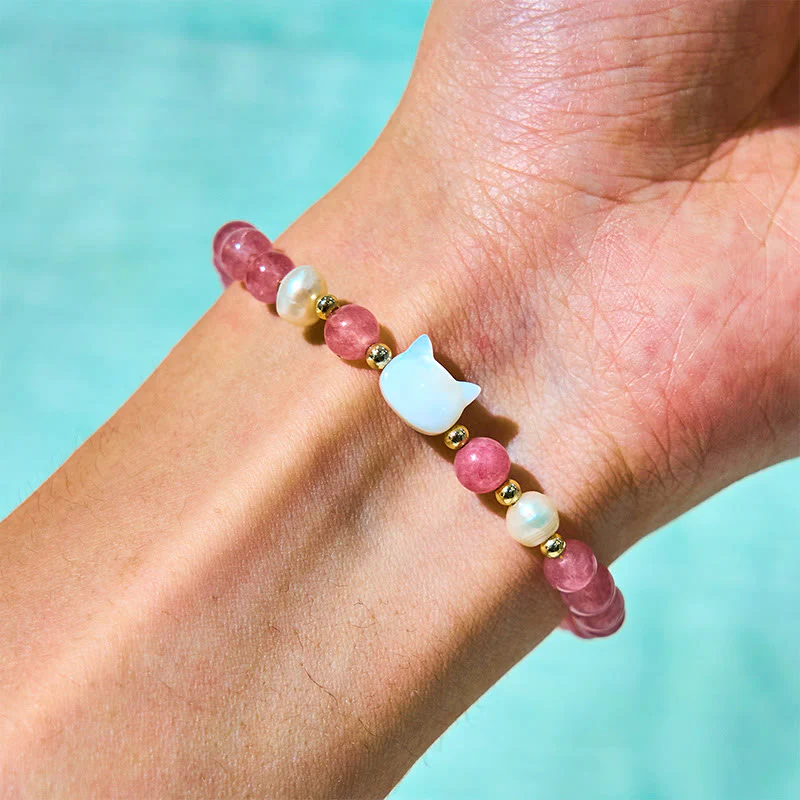 Buddha Stones Strawberry Quartz Pearl Cat Rabbit Healing Bracelet