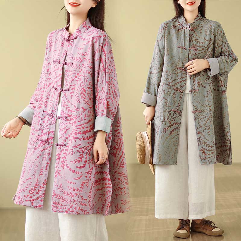 Buddha Stones Frog-button Vine Leaves Women's Cotton Linen Coat With Pockets