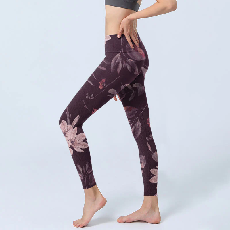 Buddha Stones Purple White Flowers Leaves Blossom Print Gym Fitness Leggings Women's Yoga Pants