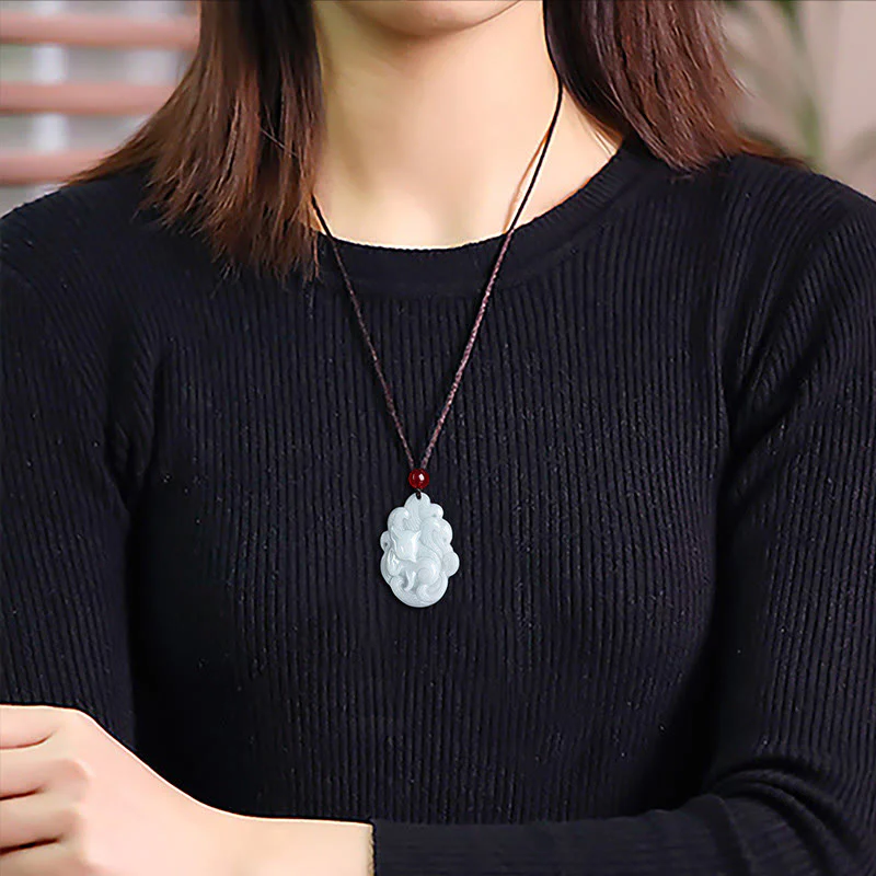 Buddha Stones Natural Jade Nine Tailed Fox Luck Necklace Pendant