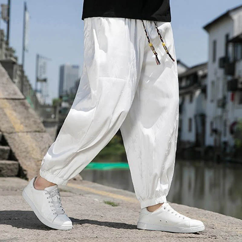 Buddha Stones Summer Ice Silk Jacquard Bamboo Pattern Men's Drawstring Cotton Pants With Pockets