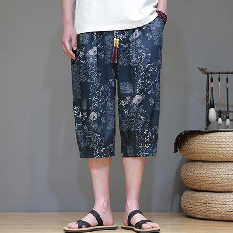 Buddha Stones Summer Bamboo Leaves Flowers Cotton Linen Men's Capri Pants With Pockets