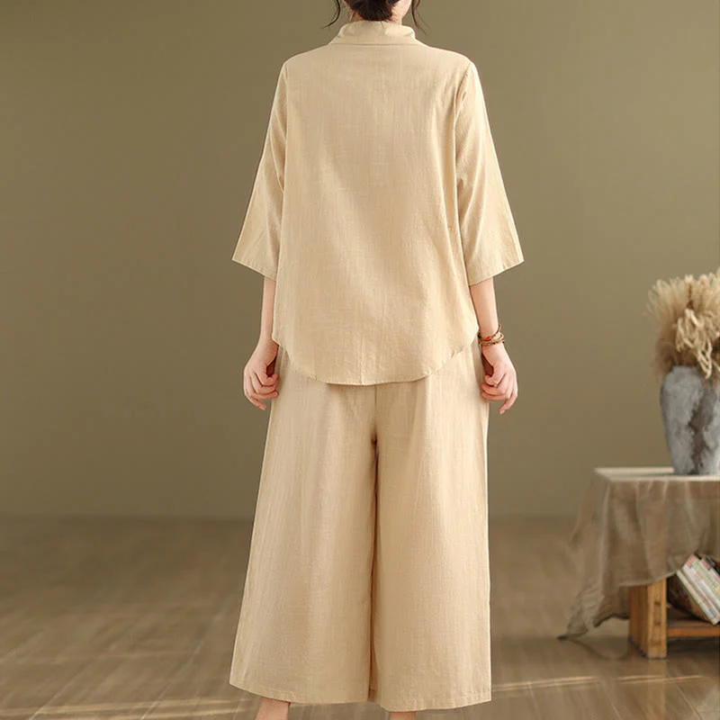 Buddha Stones 2pcs Casual Women's Stand Collar Shirt Loose Pants Meditation Clothing Set