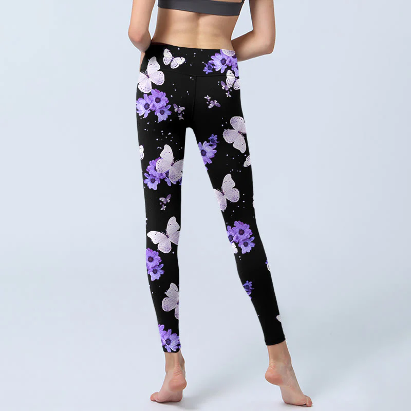 Buddha Stones Purple Floral Butterfly Print Exercise Leggings Women's Yoga Pants