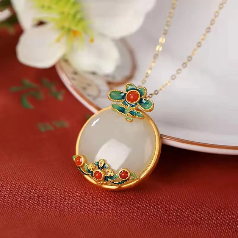 Buddha Stones White Jade Red Agate Flower Blessing Luck Necklace Pendant