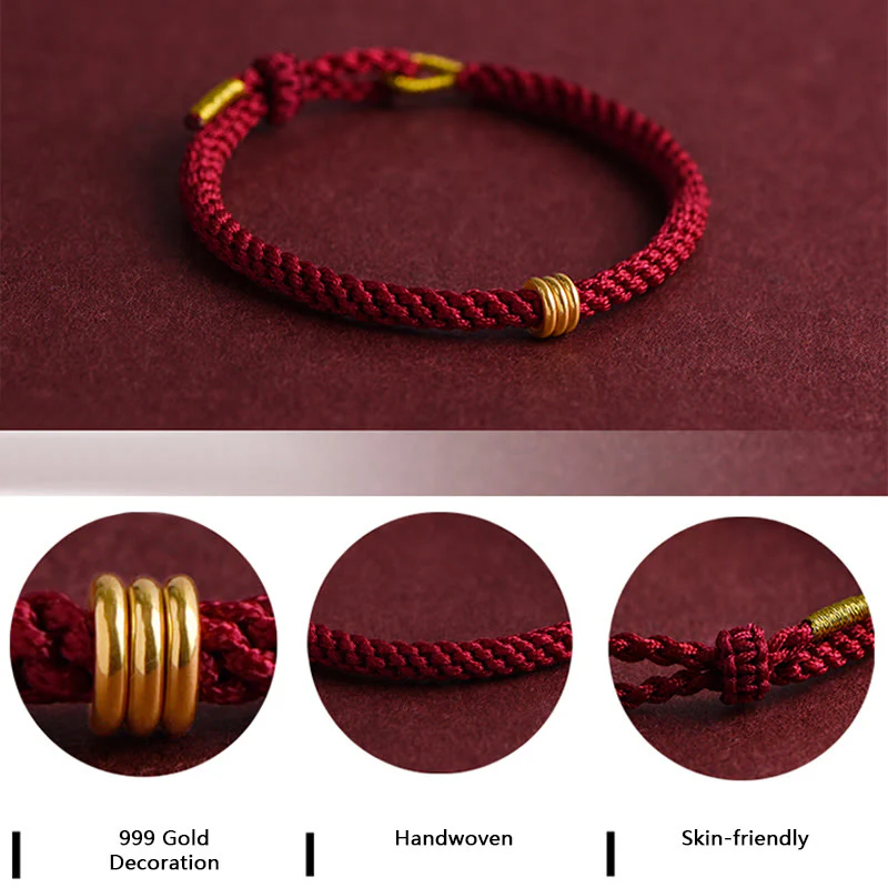 Buddha Stones 999 Gold Triple Ring Design Handmade Connection Braided Rope Bracelet