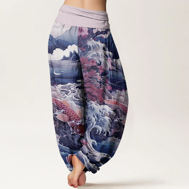 Buddha Stones Casual Blossoming Tree Koi Fish Wave Mountain Pattern Women's Elastic Waist Harem Pants