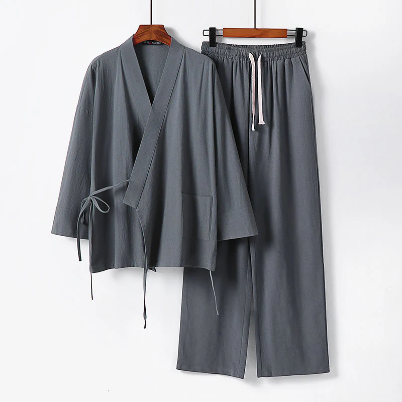 Buddha Stones 2Pcs Lace-up Cotton Kimono Pants With Pockets Men's Meditation Cloth Set