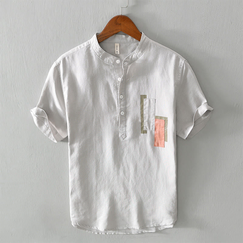 Buddha Stones Daily Plain Patch Color Matching Design Men's Short Sleeve Cotton Linen Shirt