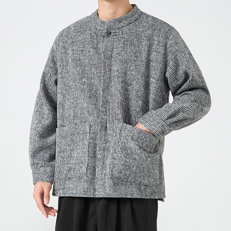 Buddha Stones Long Sleeve Frog-button Design Men's Cotton Jacket Shirt With Pockets