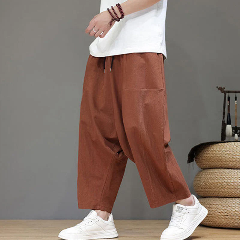 Buddha Stones Casual Plain Low Crotch Design Drawstring Men's Cotton Elastic Waistband Wide Leg Pants With Pockets