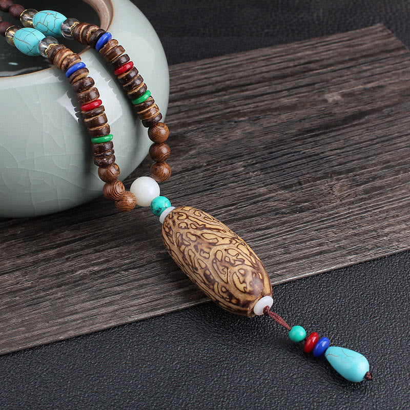 Buddha Stones Tibetan Wenge Wood Bodhi Seed Agate Balance Peace Necklace Pendant