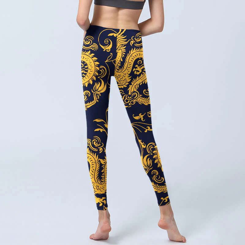 Buddha Stones Golden Dragons Vine Print Gym Leggings Women's Yoga Pants