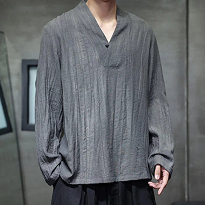 Buddha Stones Plain V-Neck Long Sleeve Men's Linen Shirt