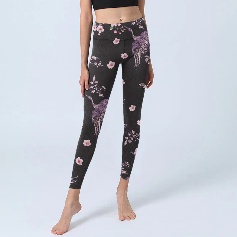 Buddha Stones Pink Flowers Flying Cranes Print Gym Leggings Women's Yoga Pants