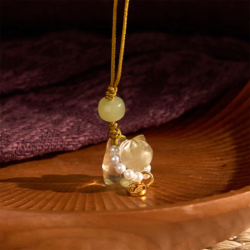 Buddha Stones Pink Crystal Amethyst Citrine Pearl Fu Character Lucky Kitten Warmth Phone Hanging Decoration