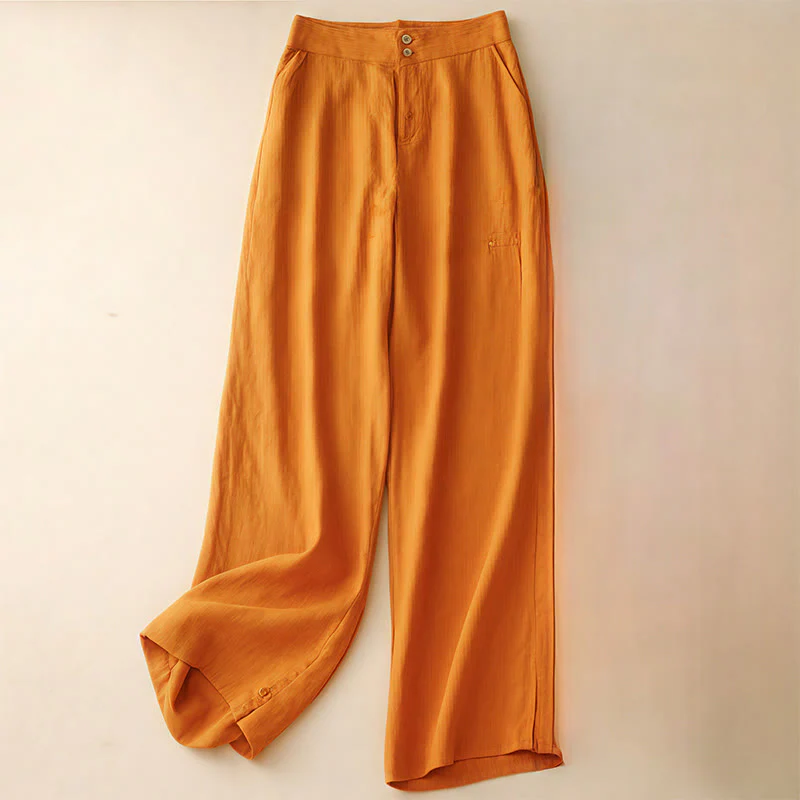 Buddha Stones Summer Casual Simple Design Linen Women's Wide Leg Pants With Zipper Pockets