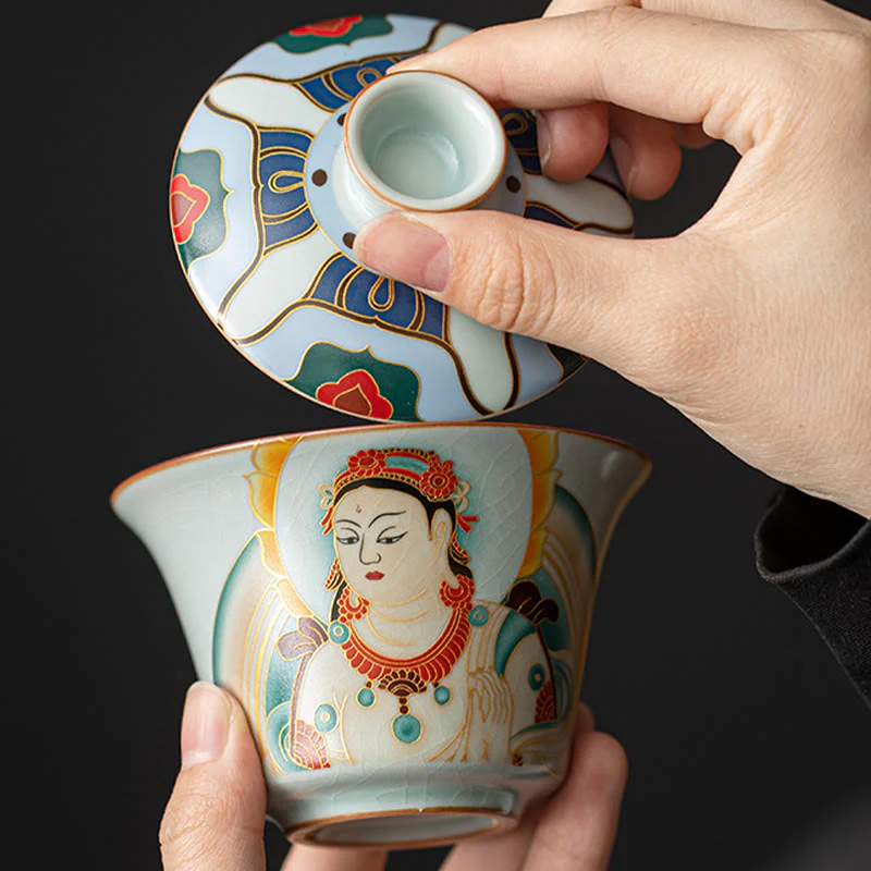 Buddha Stones Thangka Dragon Buddhas Dunhuang Ceramic Gaiwan Sancai Kung Fu Tea Cup And Saucer With Lid Gift Box 180ml