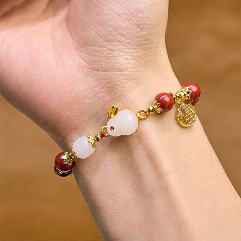 Buddha Stones Cinnabar Cute Rabbit Bunny Fu Character Charm Blessing Bracelet