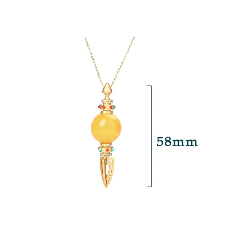 Buddha Stones 24K Gold Plated Amber Dorje Vajra Clear Anxiety Necklace Pendant