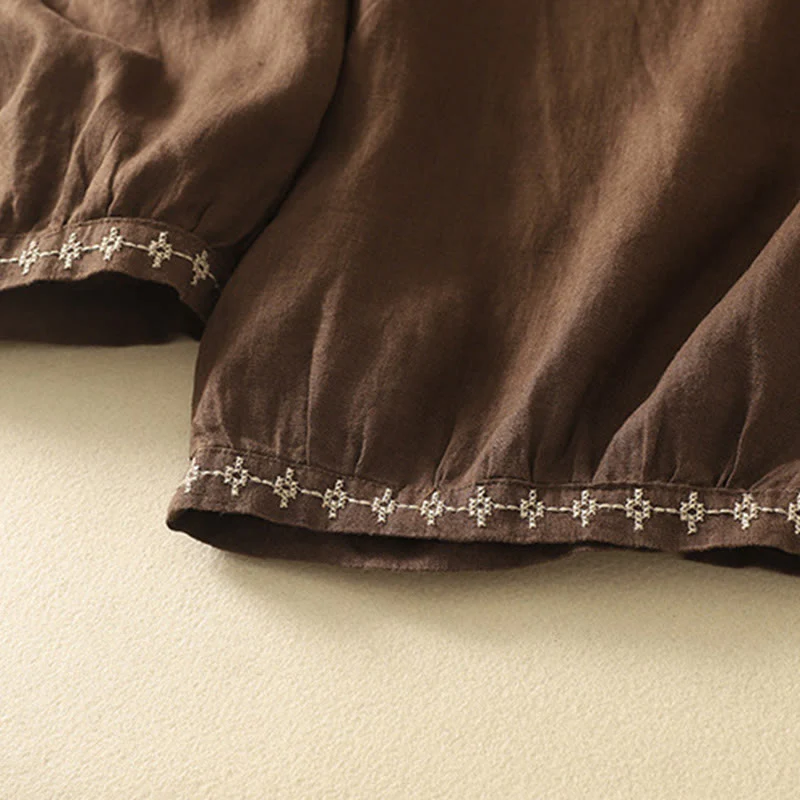 Buddha Stones Casual Retro Drawstring Embroidery Design Women's Cotton Linen 7-8 Length Pants With Pockets