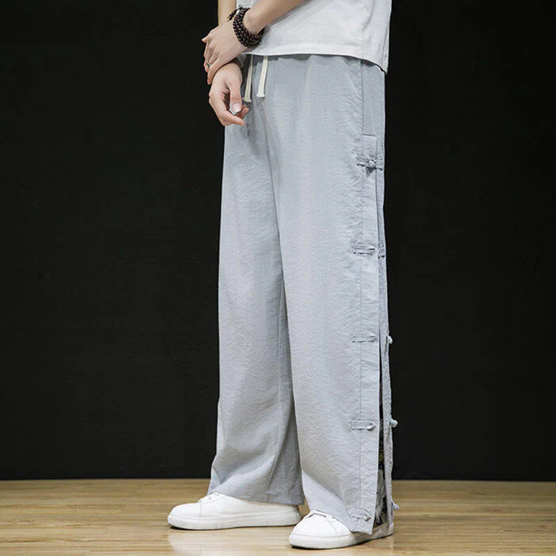 Buddha Stones Casual Patchwork Crane Pattern Frog-Button Design Men's Wide Leg Pants With Pockets