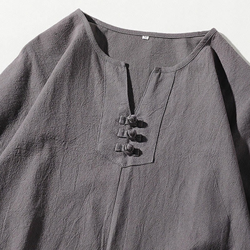 Buddha Stones 2Pcs Plain Notched Collar T-Shirt 7-8 Length Wide Leg Shorts With Pockets Cotton Linen Men's Meditation Cloth Set