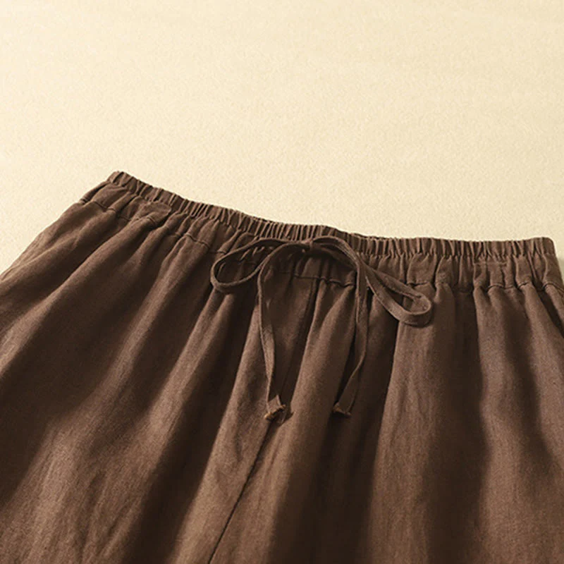 Buddha Stones Casual Retro Drawstring Embroidery Design Women's Cotton Linen 7-8 Length Pants With Pockets