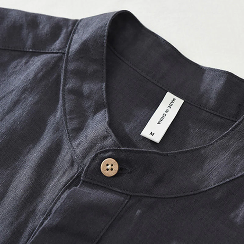 Buddha Stones Summer Half Buttons Design Lapel Men's Short Sleeve Linen Shirt With Pocket