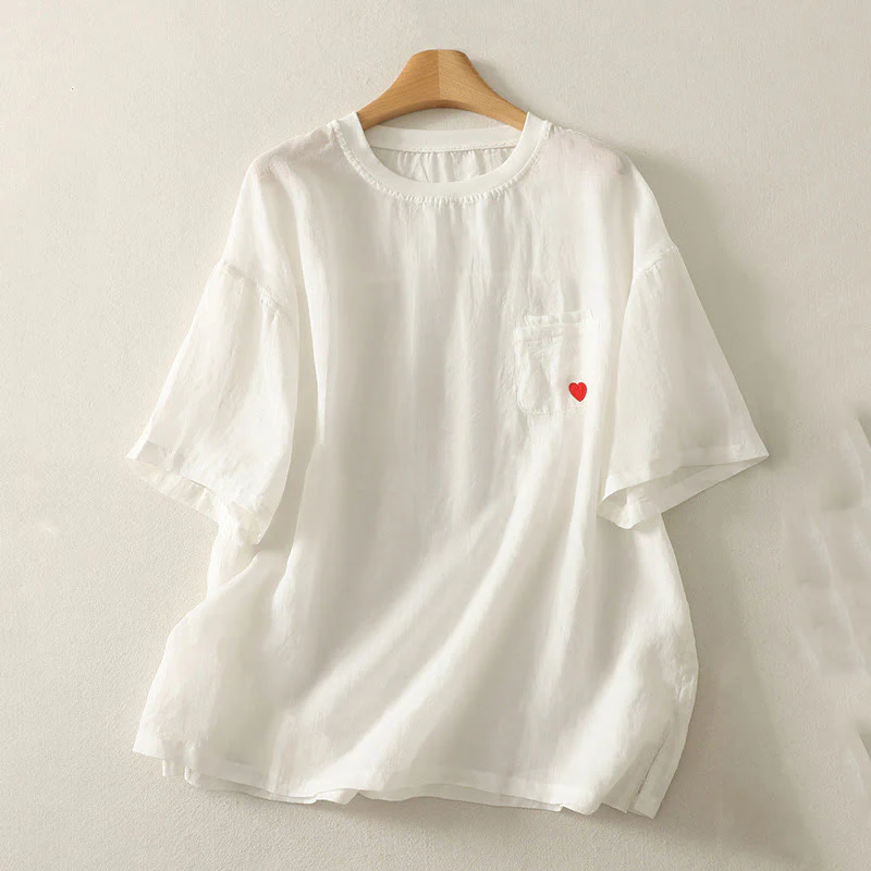 Buddha Stones Casual Embroidery Red Heart Short Sleeve Women's Cotton Linen T-Shirt