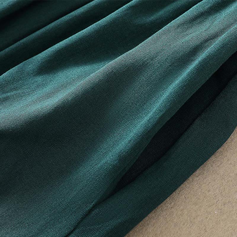 Buddha Stones DarkGreen Plain Ruffled Crew Neck Buttons Design Cotton Midi Dress With Pockets