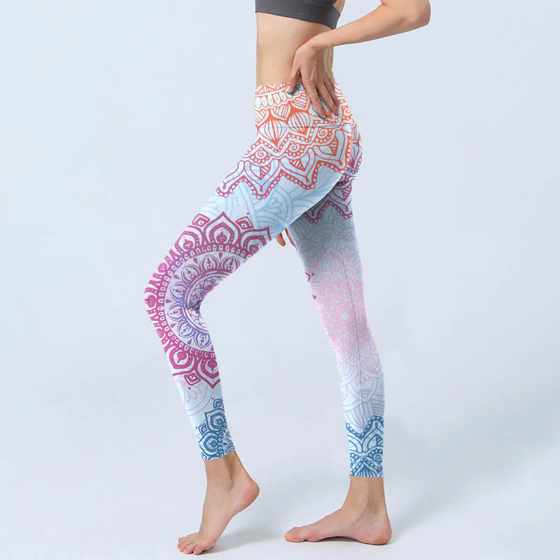Buddha Stones Pink Blue Mandala Flower Print Gym Leggings Women's Yoga Pants