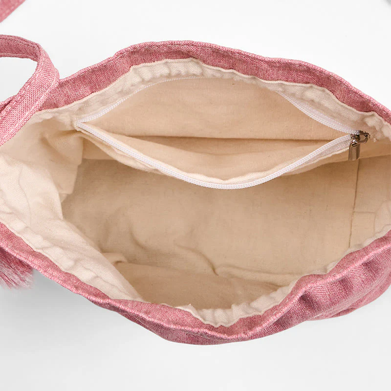 Buddha Stones Embroidered Light Pink Lotus Cotton Linen Crossbody Bag Shoulder Bag