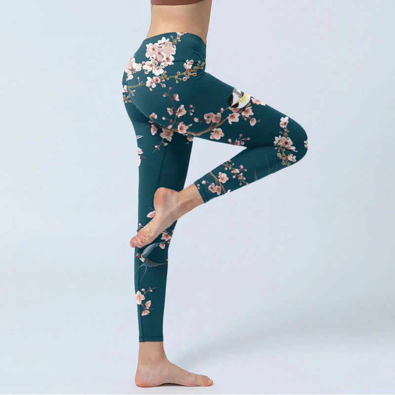 Buddha Stones Sparrow Swallow Peach Blossom Pattern Print Gym Leggings Women's Yoga Pants