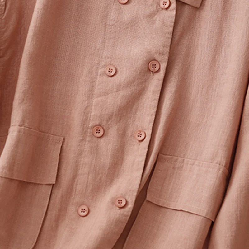 Buddha Stones Double‑Breasted Design Long Sleeve Women's Cotton Linen Jacket With Pockets