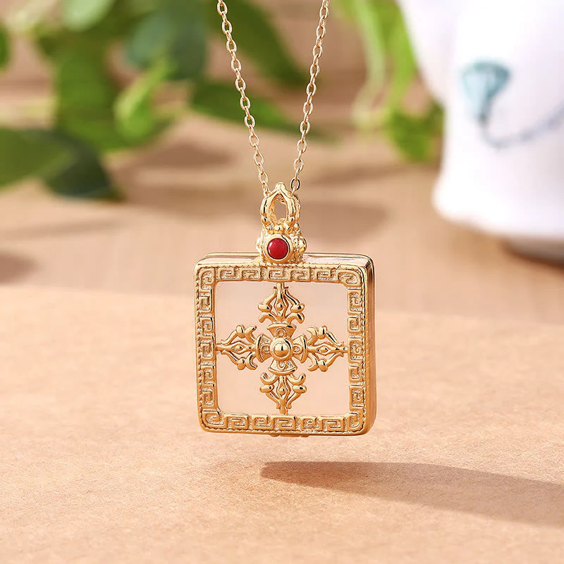 Buddha Stones 24K Gold Plated White Jade Double Dorje Protection Luck Necklace Pendant