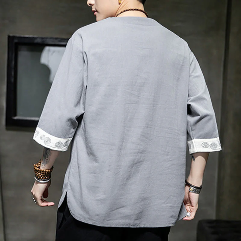 Buddha Stones Summer Embroidery Plain Frog-Button Men's Crew Neck Half Sleeve Cotton Linen Shirt Clothing