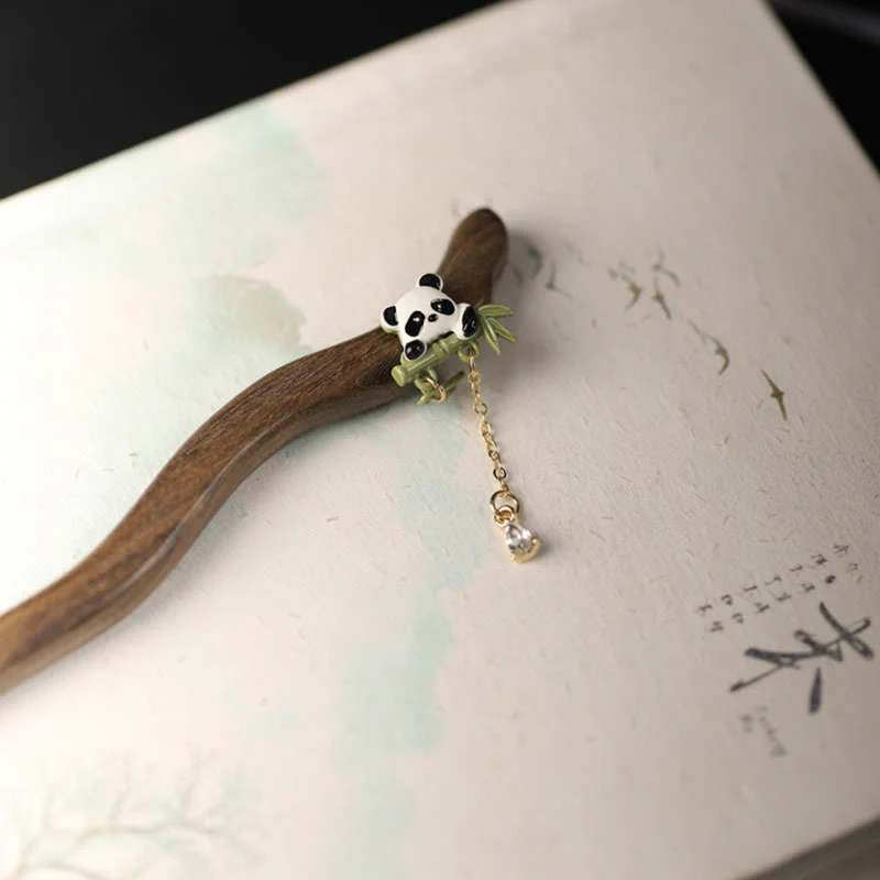 Buddha Stones Ebony Panda Bamboo Tassel Courage Hairpin
