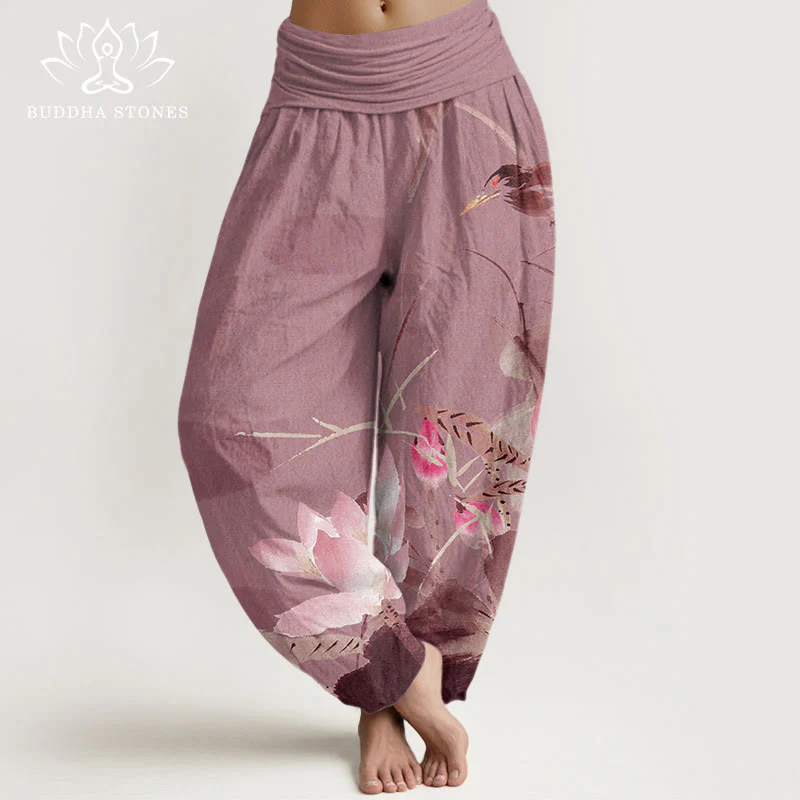 Buddha Stones Pink Lotus Leaves Bird Pattern Women's Elastic Waist Harem Pants