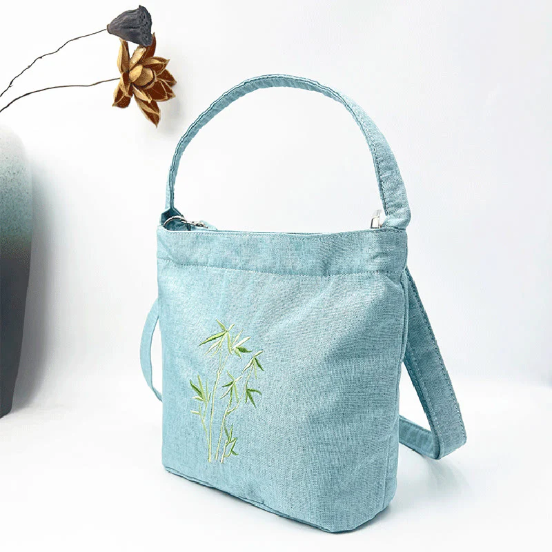 Buddha Stones Embroidery Wisteria Plum Lotus Cherry Blossom Cotton Linen Canvas Tote Crossbody Bag Shoulder Bag Handbag