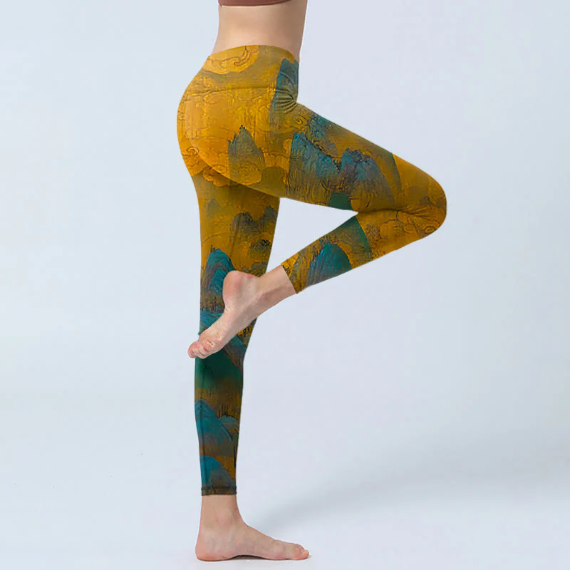Buddha Stones Dark Goldenrod Mountain Print Fitness Leggings Women's Yoga Pants