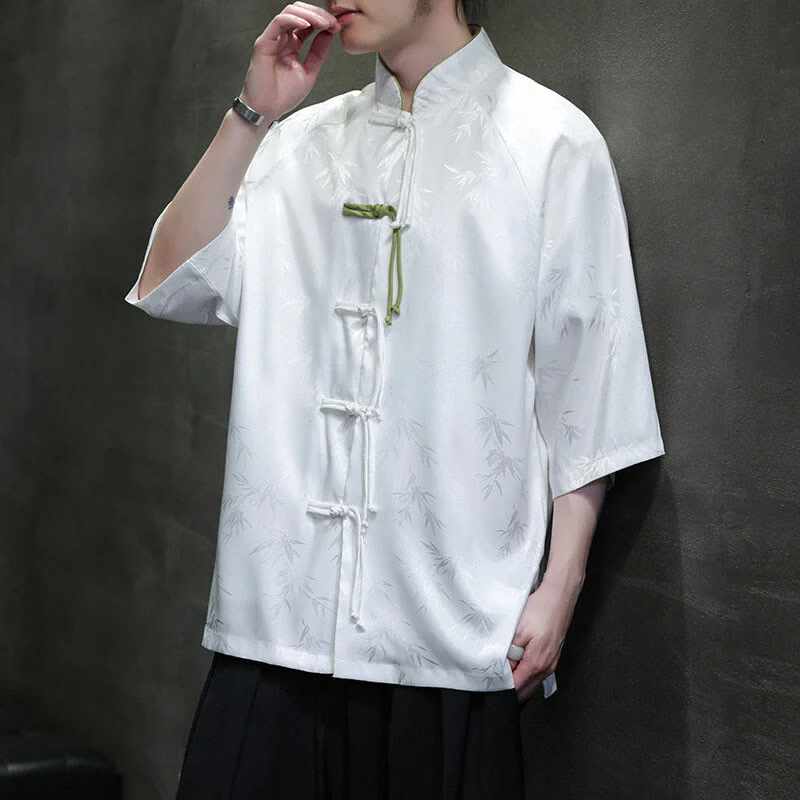 Buddha Stones Jacquard Bamboo Pattern Chinese Frog-Button Stand Collar Tang Suit Men's Cotton Shirt